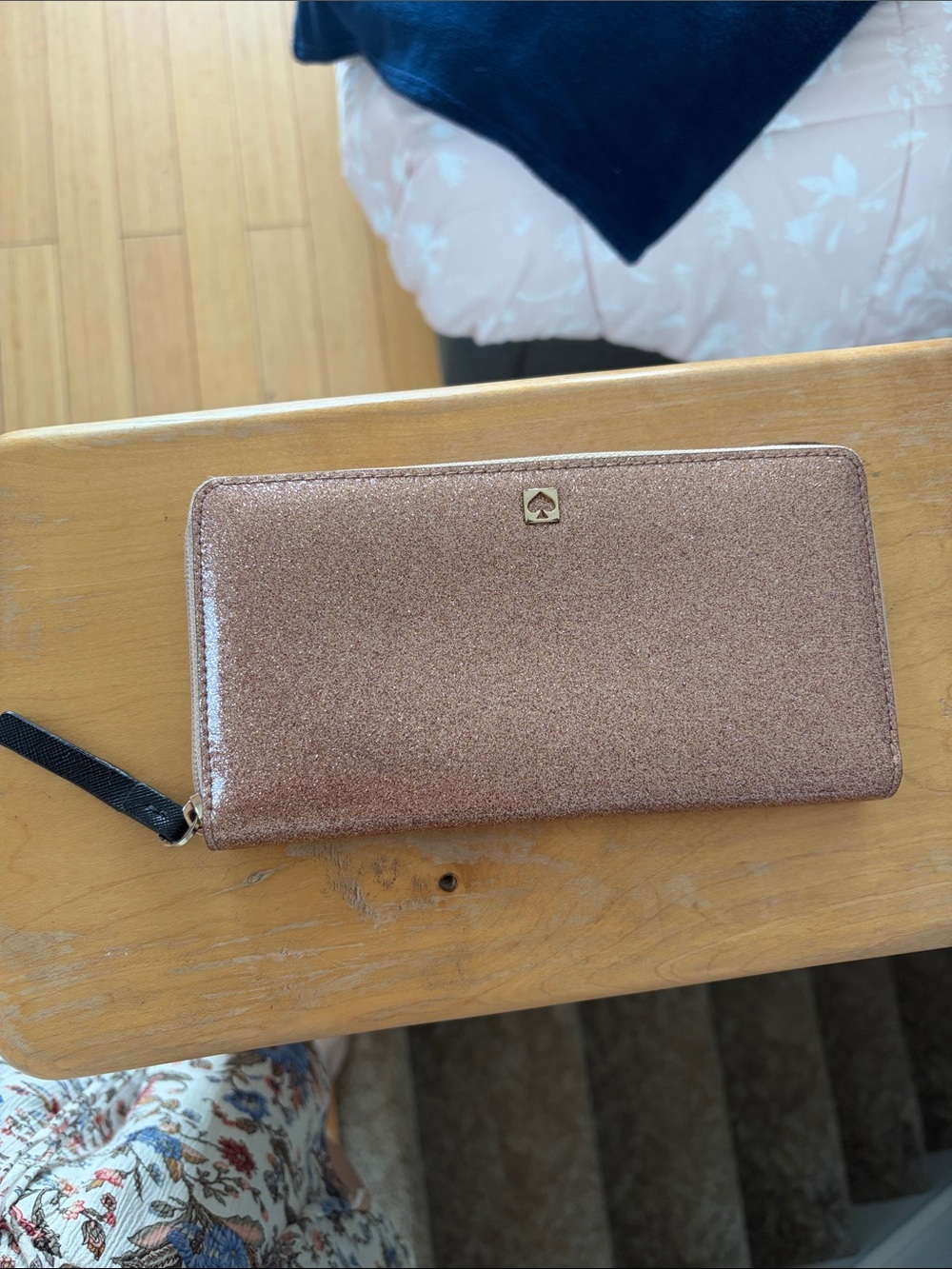 kate spade Metallic Rose Gold Glitter Zip Around Wallet